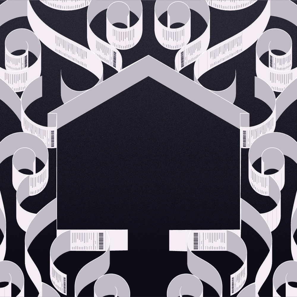 Illustration conceptuelle d'un labyrinthe composé de factures. Le labyrinthe est en forme de maison  - symbole des difficultés d'accès au logement et des coûts de logement - crise du logement